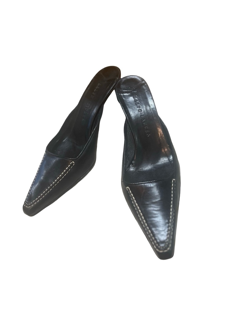Vtg Ralph Lauren Black Kitten Heels Mules Contrast Stitching Sz 8.5 Y2K Italy
